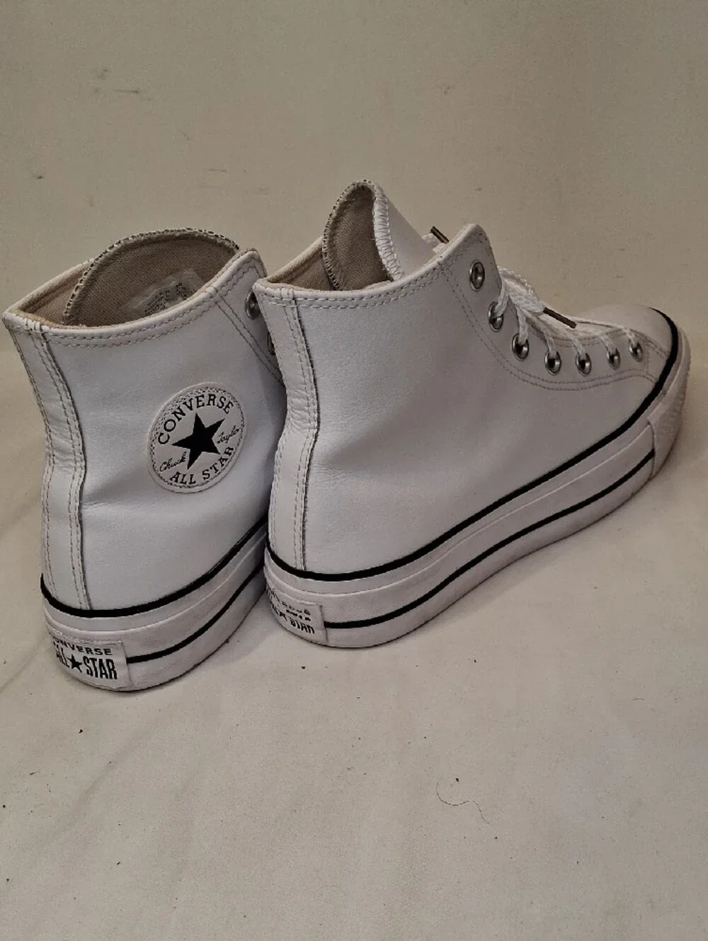 Converse Women's Leather White High Top Platform Sneakers with Black Stripe